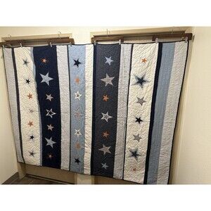 Pottery Barn Kids Star Appliqué Quilt 68x86 + Euro Sham Blue White Discontinued￼